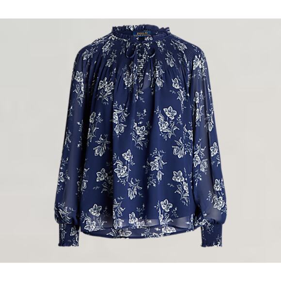 Polo Ralph Lauren Floral Crinkled Tie Neck Blouse XS Blue Sheer Peasant Romantic - Picture 6 of 6